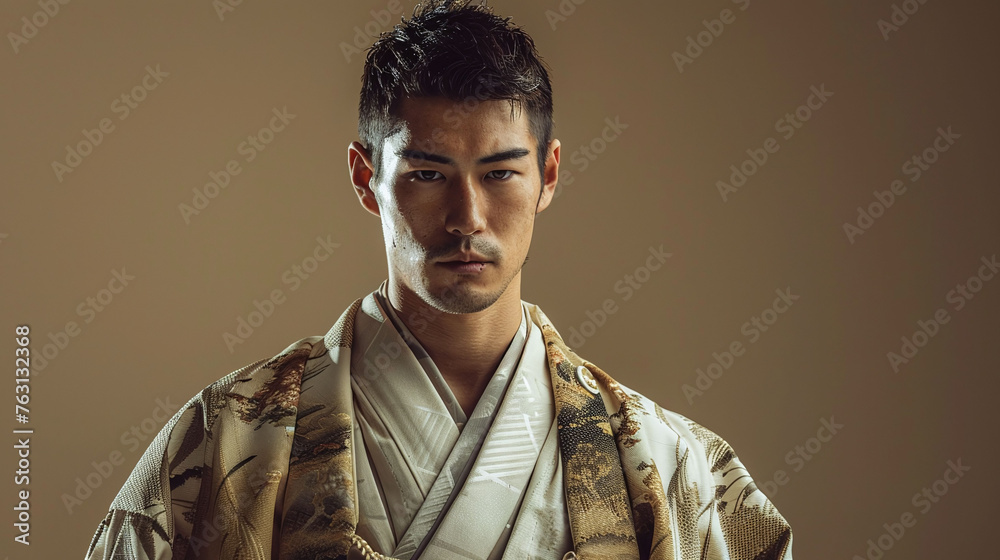 Japanese man, Serious man in traditional Japanese kimono. Studio portrait with cultural identity and heritage concept for design, fashion editorial. Japanese man, Serious man in traditional Japanese kimono. Studio portrait with cultural identity and heritage concept for design, fashion editorial.
