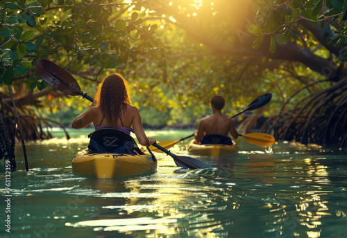 mixed race couple kayaking in the mangroves at sunrise © Kien
