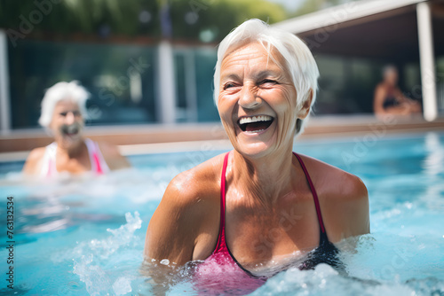 Cheerful, active older women enjoying water aerobics classes in the pool © Андрей Знаменский
