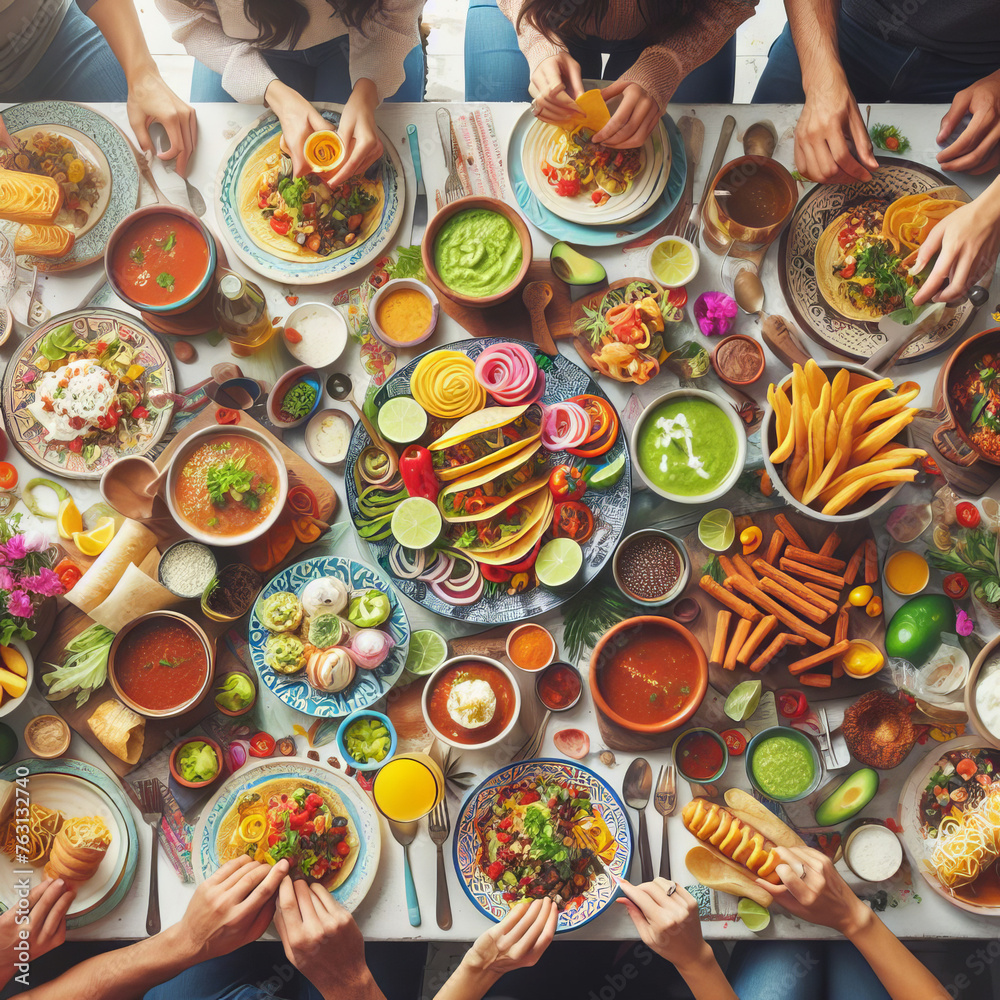 Table full of Mexican food and people sitting around it