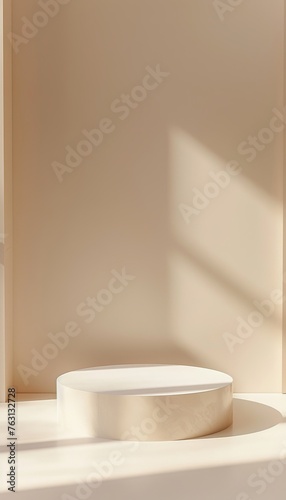 Empty smooth product display stand, Clean light beige background, podium