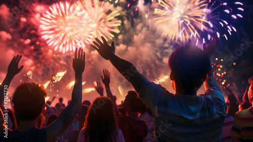 A crowd of spectators at a festival with fireworks lighting up the night sky.