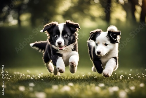 Black and white border collie puppy running on the grass in the park.