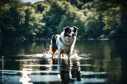 dog border collie in the water on the lake 