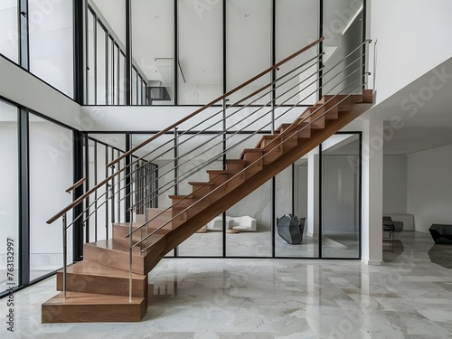 Wood stairs and marble floor in modern entry hall with door.
