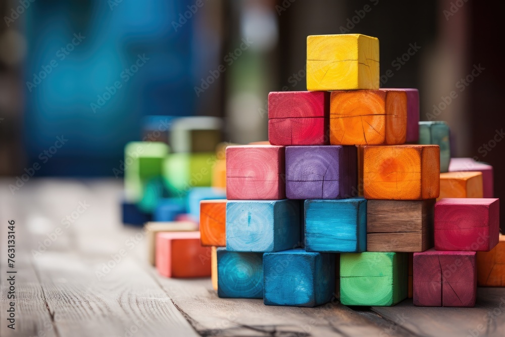 Colorful Wooden Blocks Arrangement on Display Colorful Wooden Blocks Arrangement on Display