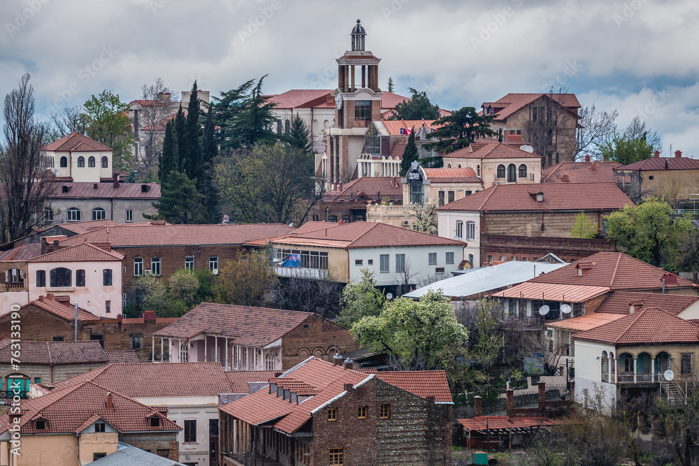 Sighnaghi town in Kakheti region, vie with clock tower of Town Hall, Georgia