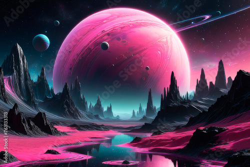Space background with silver and pink alien planet landscape, stars, satellites and alien planets in sky.