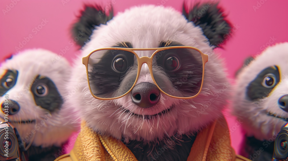 A trio of animated panda characters wearing sunglasses and holding a camera, set against a pink background.