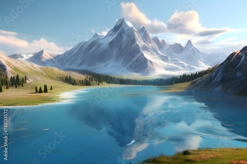 Mountain with blue lake nature landscape. Generative AI