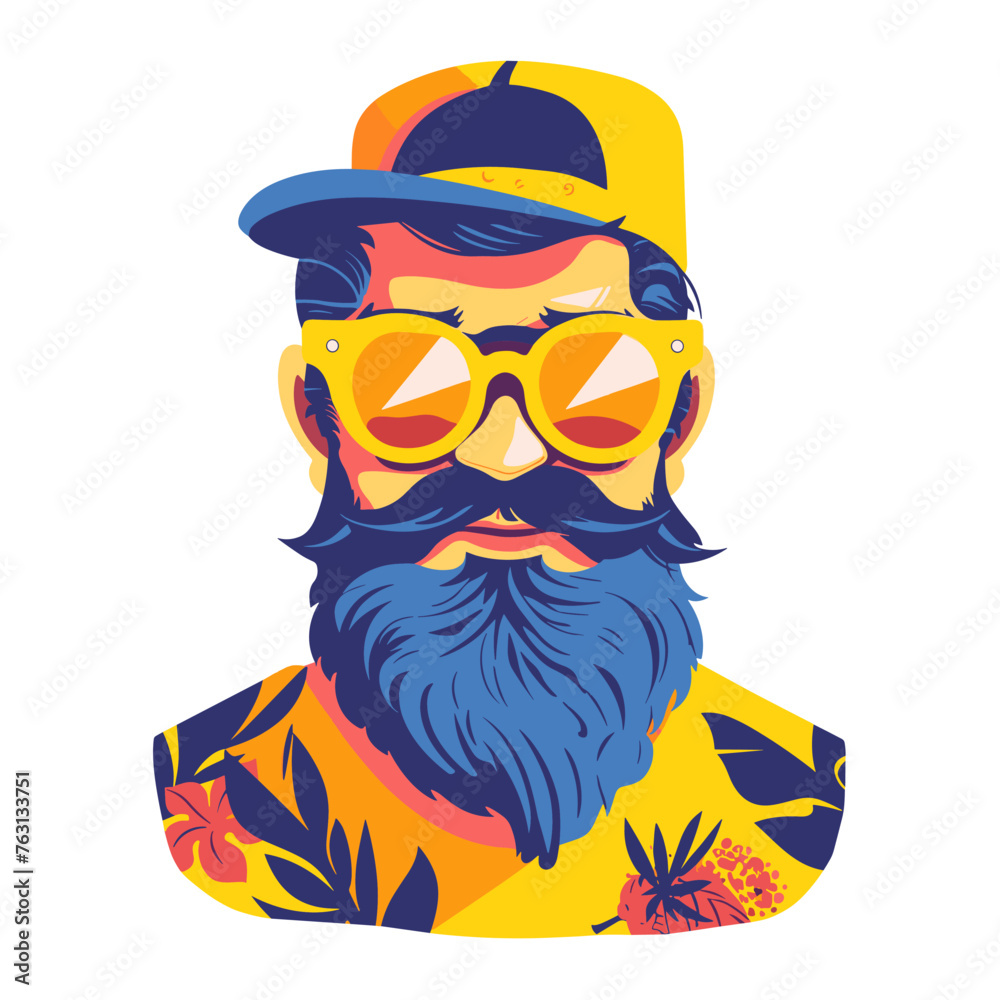 Bearded hipster with sunglasses and a cap. Vector illustration.