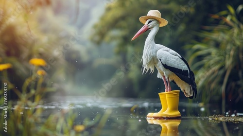 White stork with straw hat and yellow rubber boots posing in pond, spring concept.