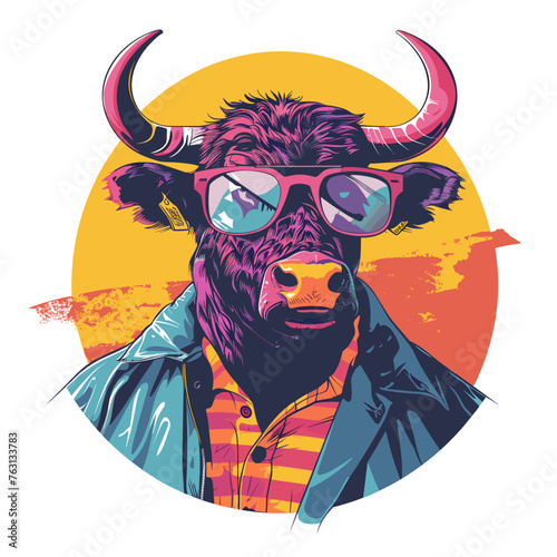Portrait of a bull wearing sunglasses. Vector illustration in retro style.