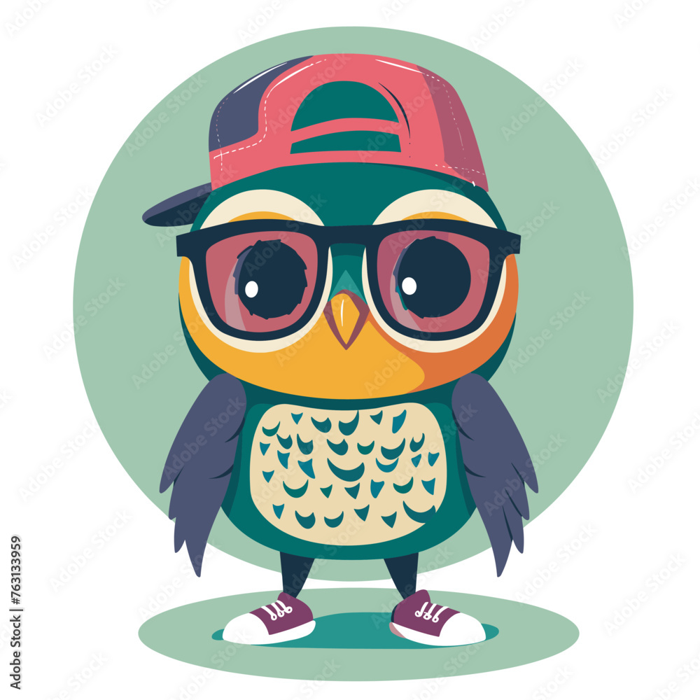 Fototapeta premium Cute cartoon owl in a baseball cap and glasses. Vector illustration.