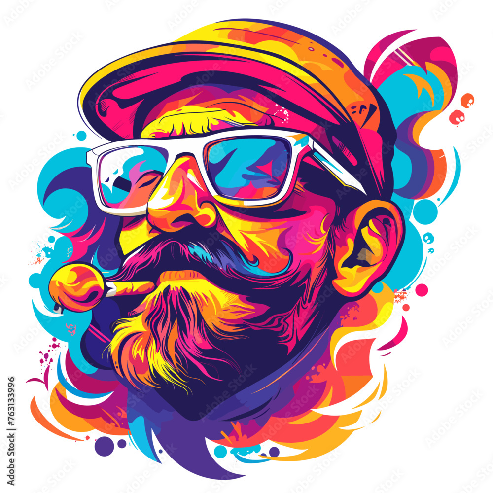 Portrait of hipster man with mustache and smoking pipe. Vector illustration.