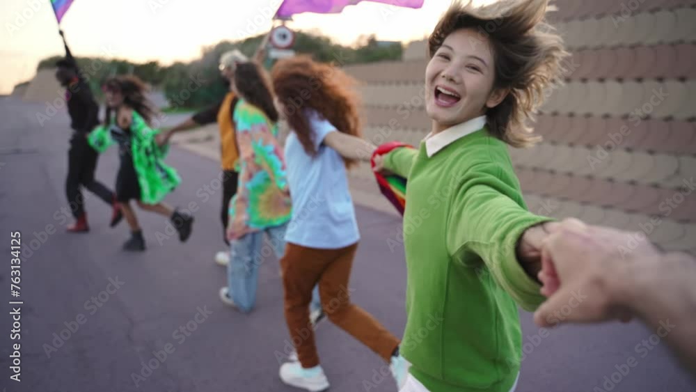 Gen z Asian woman running with friends holding hands together during a gay friendly LGBT freedom festival vídeo de Stock | Adobe Stock