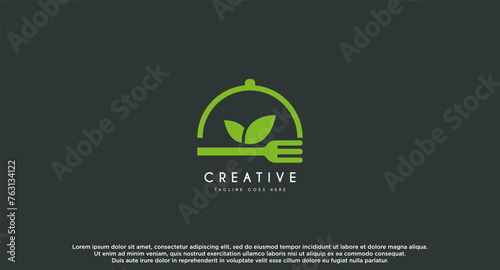 Fork And plate with leaf for healthy food or salad bar logos. Logo design template element. photo