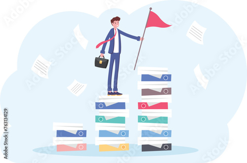 Businessman climbed a mountain of paper documents and set a red flag. Business and finance concept. Vector, illustration, flat.

