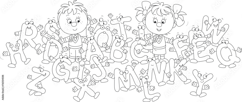 Happy little schoolboy and schoolgirl first graders among funny cartoony letters from ABC book with alphabet for elementary school, black and white vector illustration for a coloring book Happy little schoolboy and schoolgirl first graders among funny cartoony letters from ABC book with alphabet for elementary school, black and white vector illustration for a coloring book