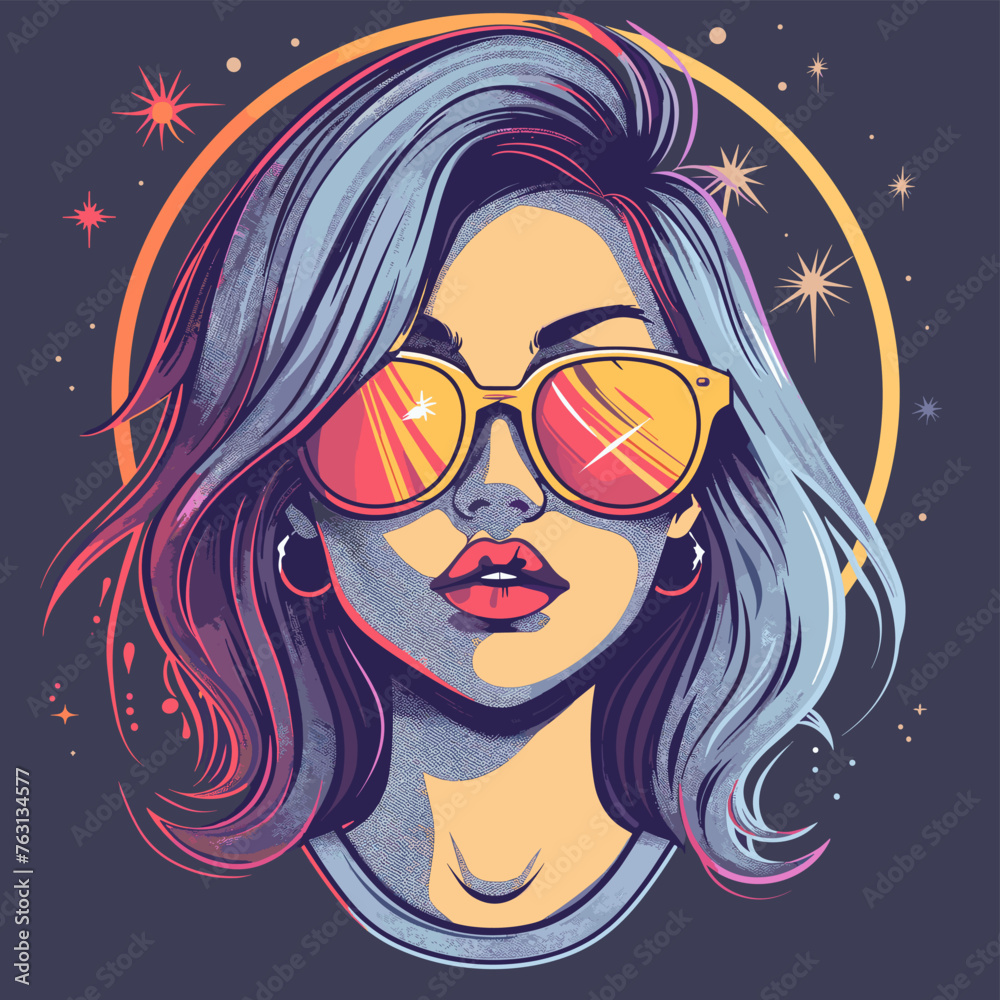 Portrait of beautiful girl with long hair and sunglasses. Vector illustration. Portrait of beautiful girl with long hair and sunglasses. Vector illustration.