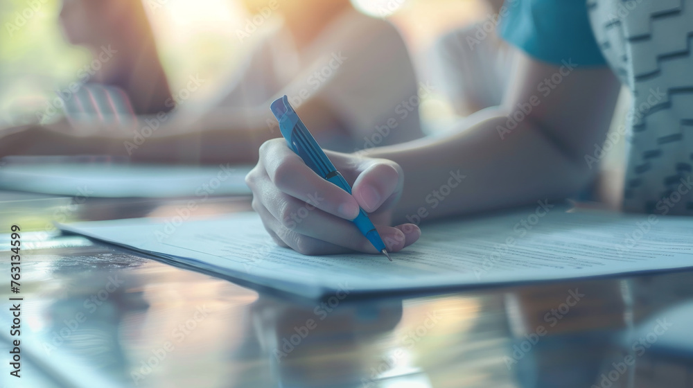 Obraz premium Two hands are marking notes on a musical score with pencils.