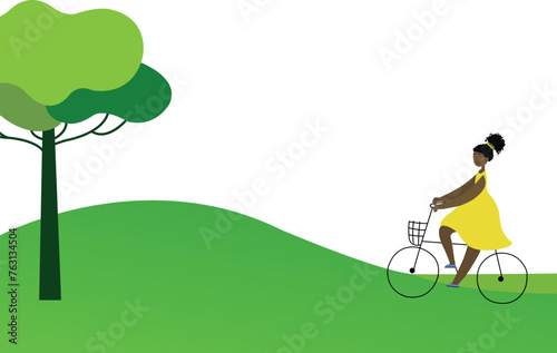 Eco-poster with a black girl on a bicycle on a summer background. Vector of an afro girl in a yellow dress. Idea, concept, ecology. Biotechnology. Ecology. Vector Graphics EPS 10
