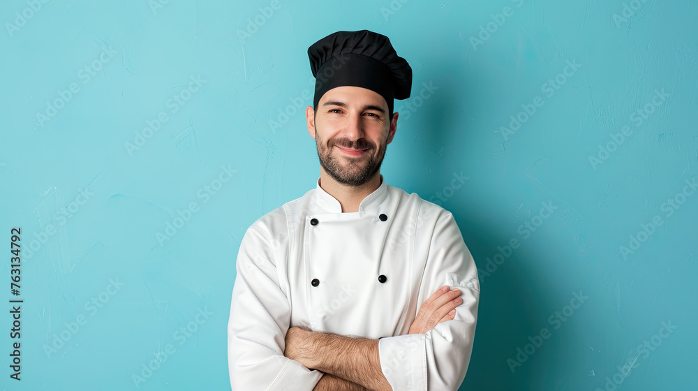 Portrait of positive chef cook in beret, white outfit in crossed arms looking at camera. on pastel blue background Portrait of positive chef cook in beret, white outfit in crossed arms looking at camera. on pastel blue background