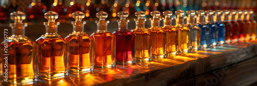 Camps of Perfumes with Aromas of Various Notes, Colorful medicine bottles in a row on black glass background