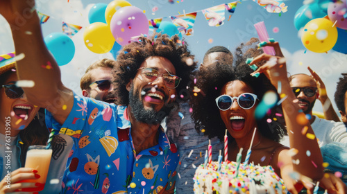 Friends cheerfully celebrate with a birthday cake, balloons, and confetti.