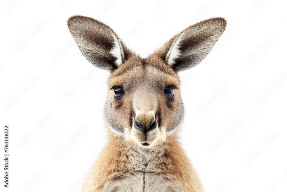 Closeup of a curious kangaroo staring confidently at the camera against a plain white background