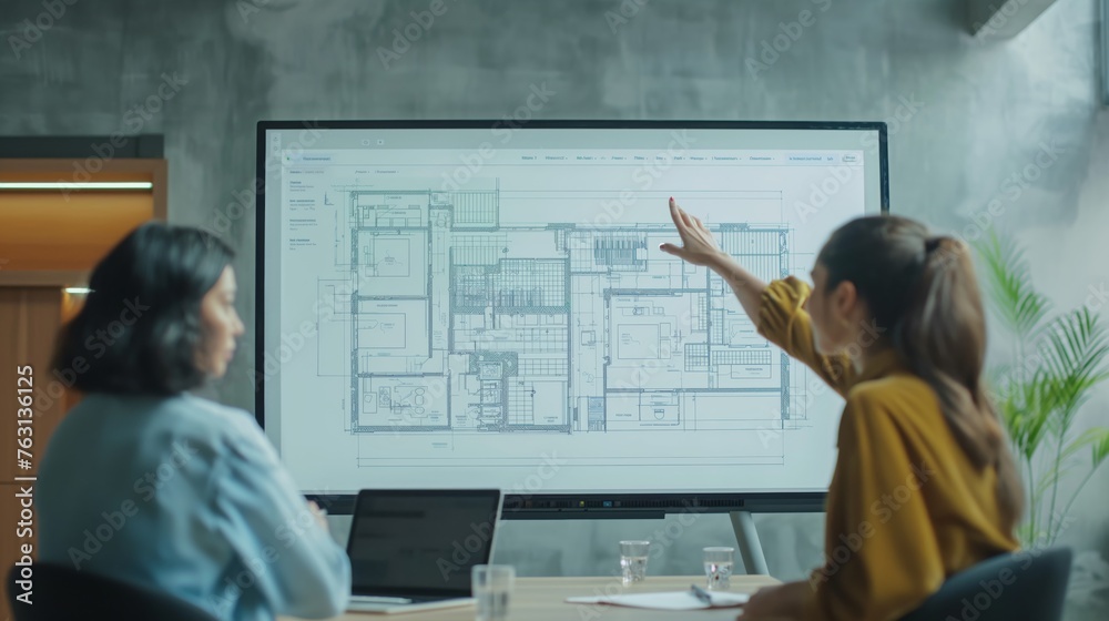 Professionals discussing a large blueprint. Two individuals are engaged in a professional discussion, pointing at a large blueprint displayed on a screen - obrazy, fototapety, plakaty 