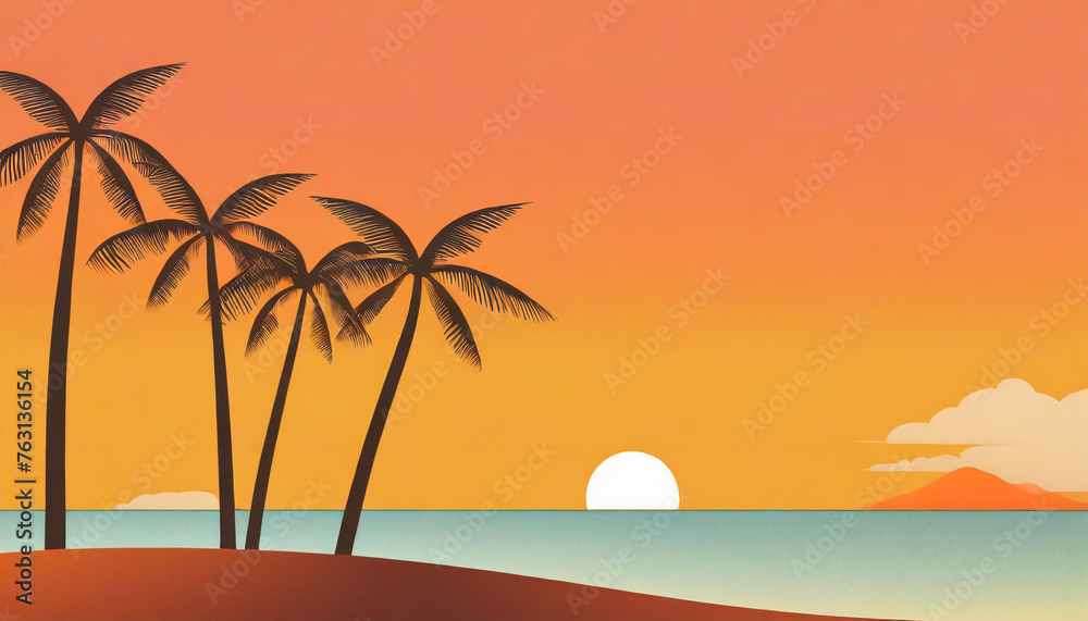 Sunset on the beach with palm trees in the background, paper cut art.	