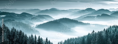 Amazing mystical rising fog mountains sky forest trees landscape view in black forest ( Schwarzwald ) winter, Germany panorama panoramic banner - mystical snow foggy mood © JovialFox