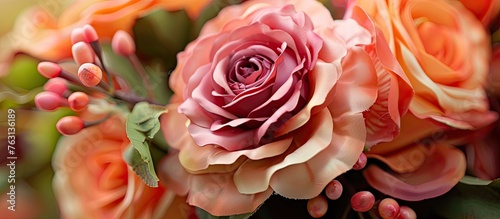 An intricate bouquet featuring a closeup of pink and orange hybrid tea roses, showcasing the beauty of garden roses with delicate petals in creative arts Flower Arranging © 2rogan