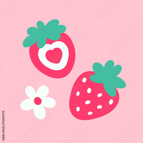 Set of cute hand drawn strawberries isolated on a pink background. Vector children's illustration for print.