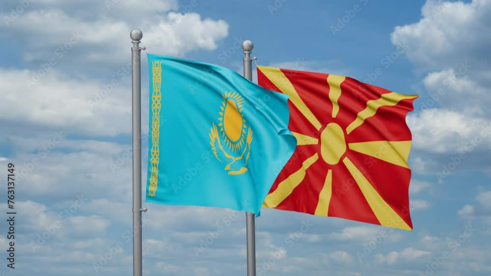 Kazakhstan and North Macedonia two flags waving together, looped video Kazakhstan and North Macedonia two flags waving together, looped video