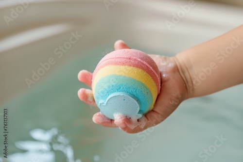 A child's hand holding a rainbow bath bomb over a tub, anticipation of fun bath time photo