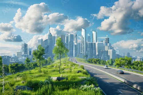 A city situated on a vast green field with abundant trees and fluffy clouds in the sky