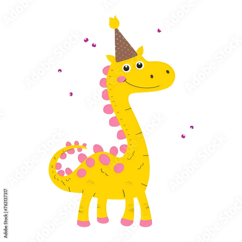 Smiling yellow cartoon dinosaur with pink spots celebrating with a party hat and confetti isolated on transparent background