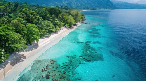Top view of white sandy beach with clear blue water