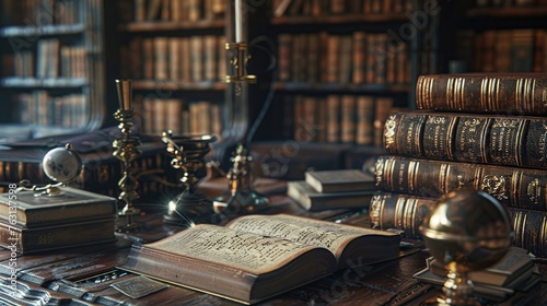 A pile of ancient books on a table. Ancient Books Adorn the Library photo