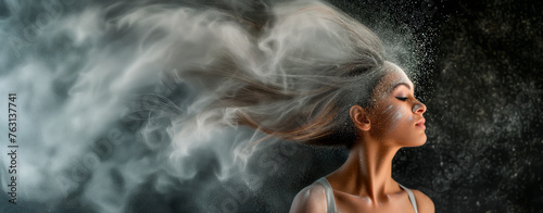 Profile of woman with flowing hair and white powder in wind, artistic concept.