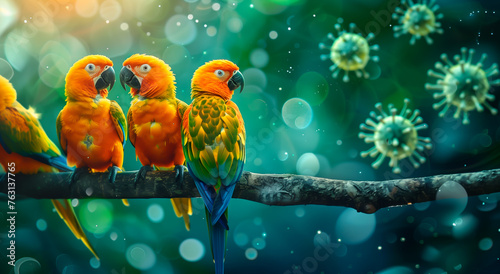 Colorful parrots on branch with viral particles, bokeh background.