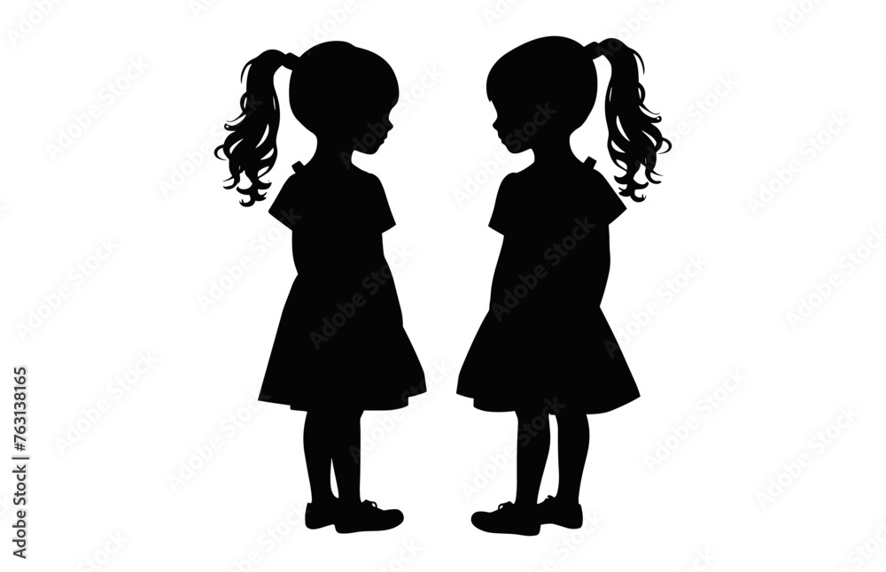 Twins girls silhouette isolated on a white background, Cute Twin Sister Silhouette black vector