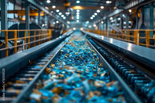 A conveyor belt carrying collected waste ready to be incinerated at a sorting center. Concept Waste management, Sorting center, Incineration process, Conveyor belt operations
