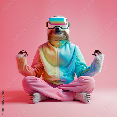 Sloth wearing pastel color clothes doing meditation and using vr headset.