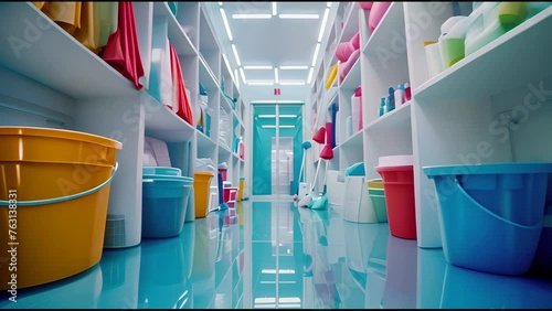 Well-organized janitorial room showcasing an array of cleaning supplies.