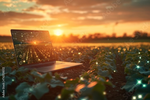 Smart farming technology Laptop in agricultural field at sunset, blending modern technology with traditional farming practices (142 characters)