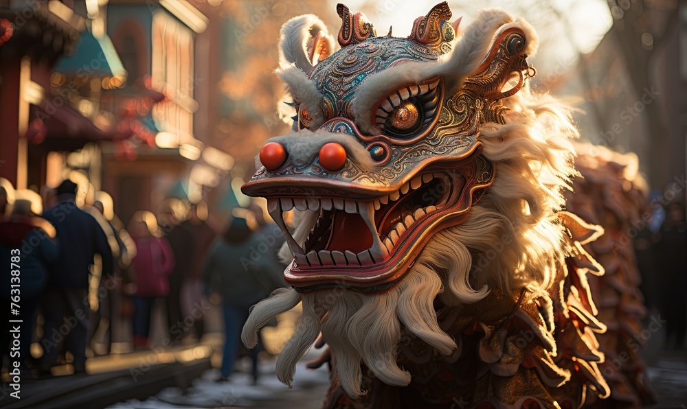 Close-Up of Dragon Mask on Urban Street