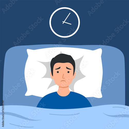 Sleepless man suffering from insomnia. Guy with open eyes in darkness night lying on bed with clock concept vector illustration. Ma try to sleep under blanket.